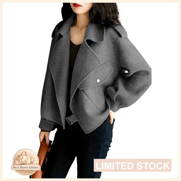 Jackets & Blazers - Cropped Wool Blazer Jacket Open Front Loose Fit Casual Dressy Trench Coat